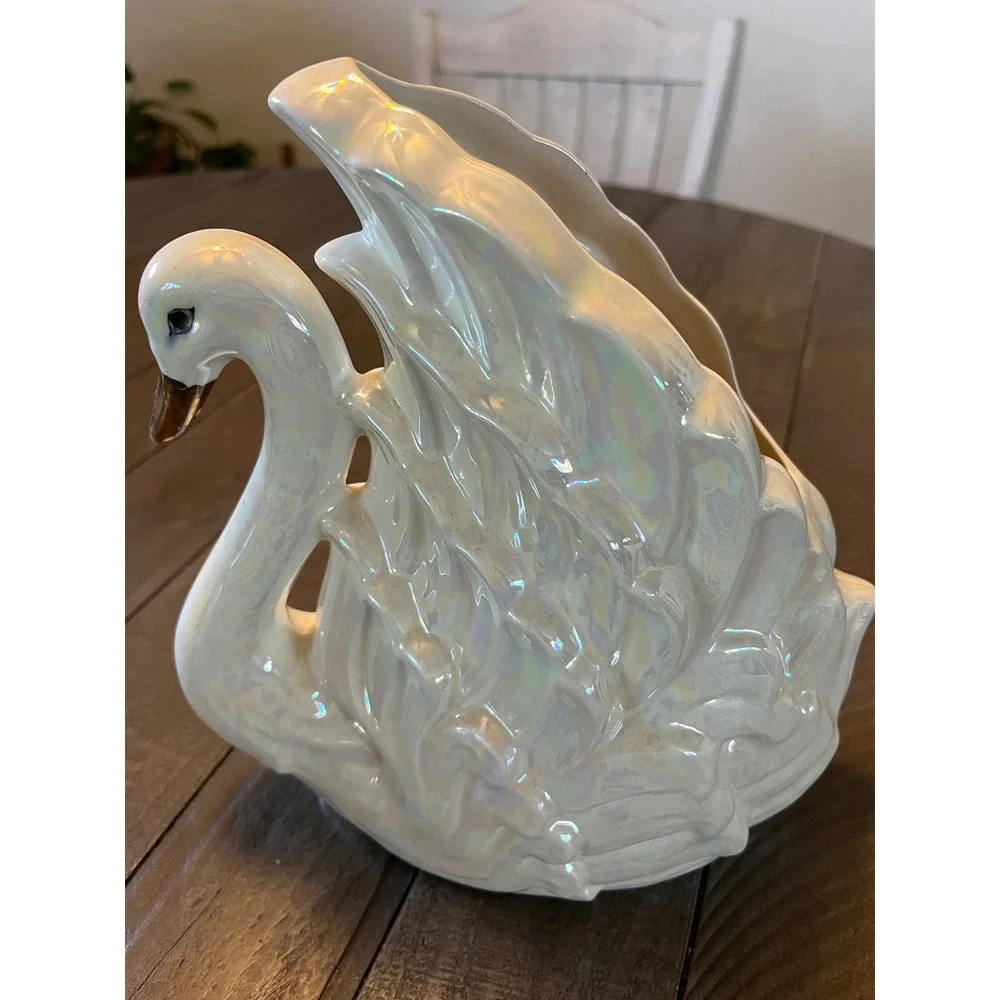 Vintage Iridescent Pearl Swan Ceramic Planter Vase Gold Beak Hollywood Regency